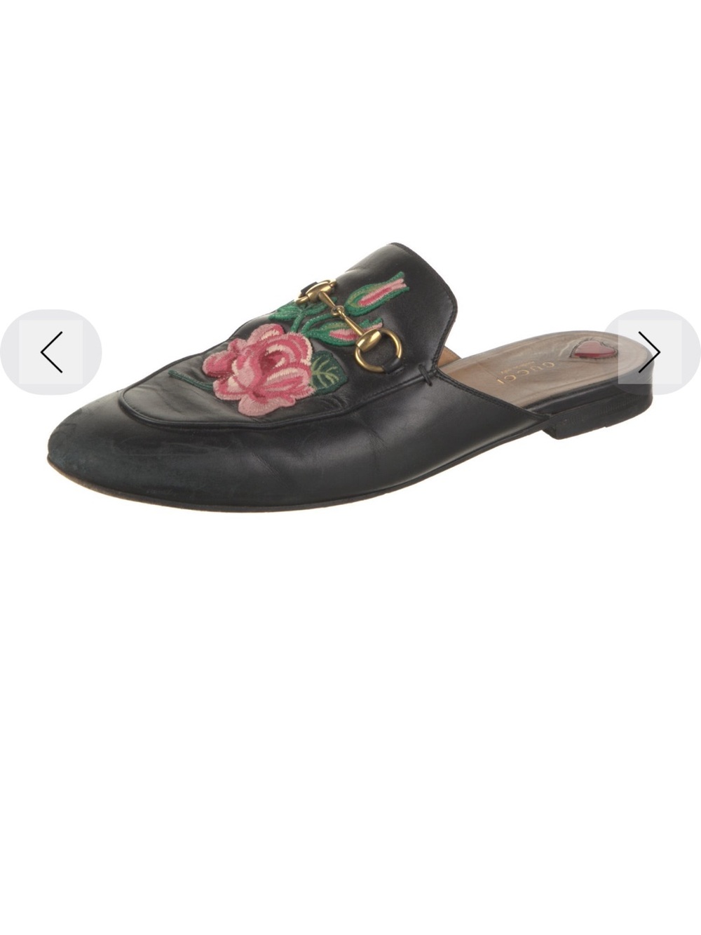 Gucci Black Leather Floral Embroidered Slip-On Mule with Gold Bit